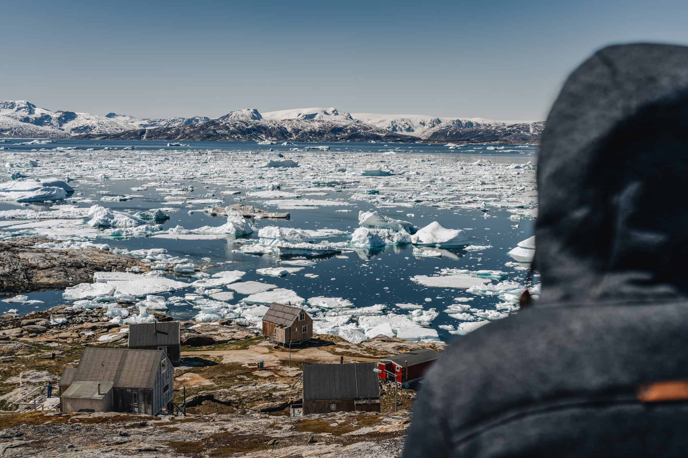 Icebergs and glaciers seen over Tiilerilaaq